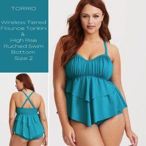 Wireless Tiered Flounce Tankini - Teal & High Rise Ruched Swim Bottom - Size 2
